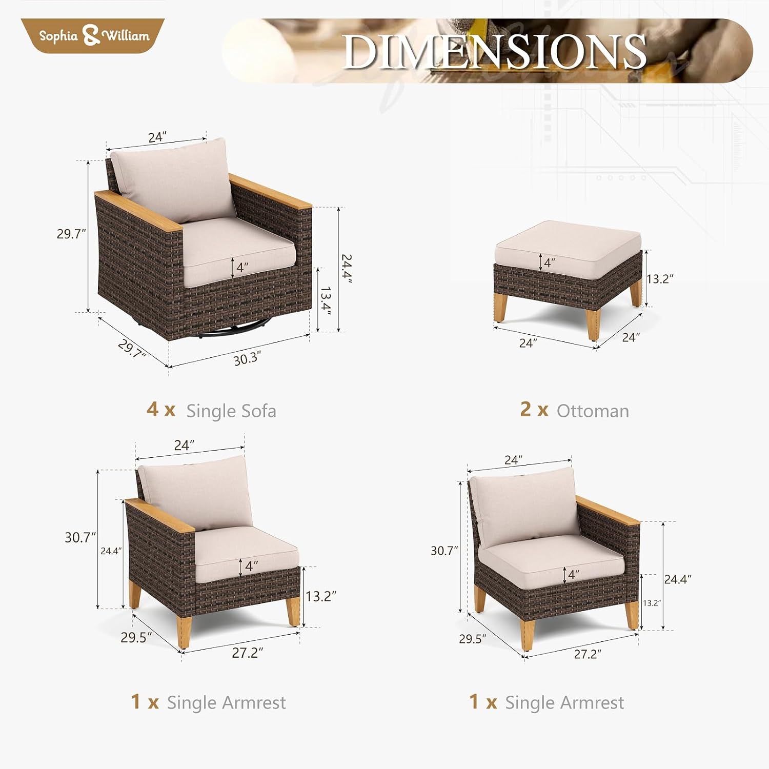 Sophia & William Patio Furniture Set with Swivel Chairs, 8 Piece Outdoor Sectional Furniture Wicker Modular Sofa Couch, Conversation Set for Deck Backyard Lawn, Beige