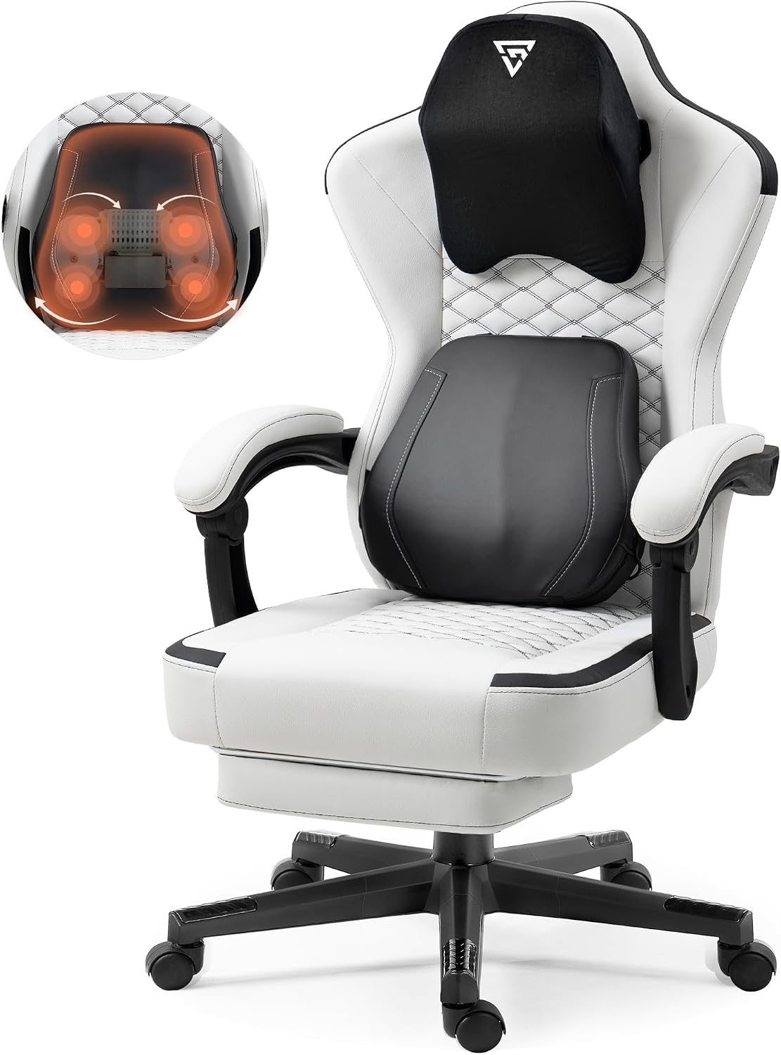 Vigosit Gaming Chair with Heated Massage Lumbar Support, Ergonomic Gaming Computer Chair with Pocket Spring Cushion and Footrest, Recliner High Back PC Chair for Adult, 330lbs, White