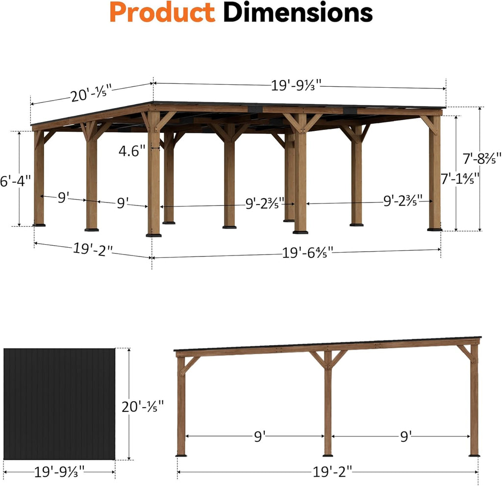 Modern Shade Supreme Cedar Wood Gazebo 20' x 20' with Hardtop Slope Roof, Wood Outdoor Carport Garage with Durable and Rot-Resistant, Supports Snow Loads and High Wind Speeds, Ideal for Backyard