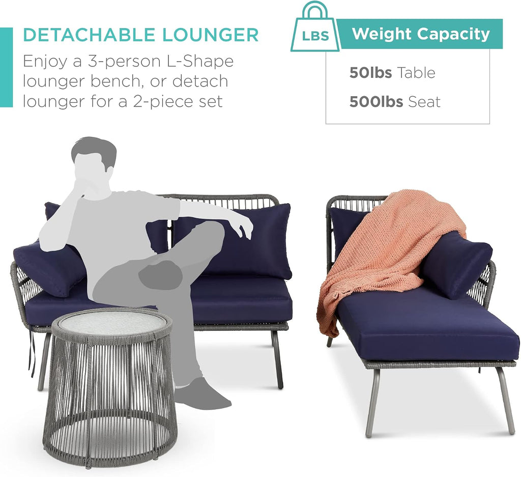 Best Choice Products Outdoor Rope Woven Sectional Patio Furniture L-Shaped Conversation Sofa Set for Backyard, Porch w/Thick Cushions, Detachable Lounger, Side Table - Gray/Navy