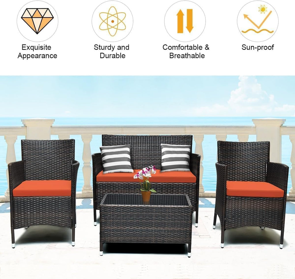 HOMGX 4 Piece Rattan Patio Furniture Set, Sectional Sofa Chair, Wicker Set with Tempered Glass Coffee Table & Thick Cushions, Wicker Patio Set for Garden, Lawn, Poolside, Backyard (Orange)