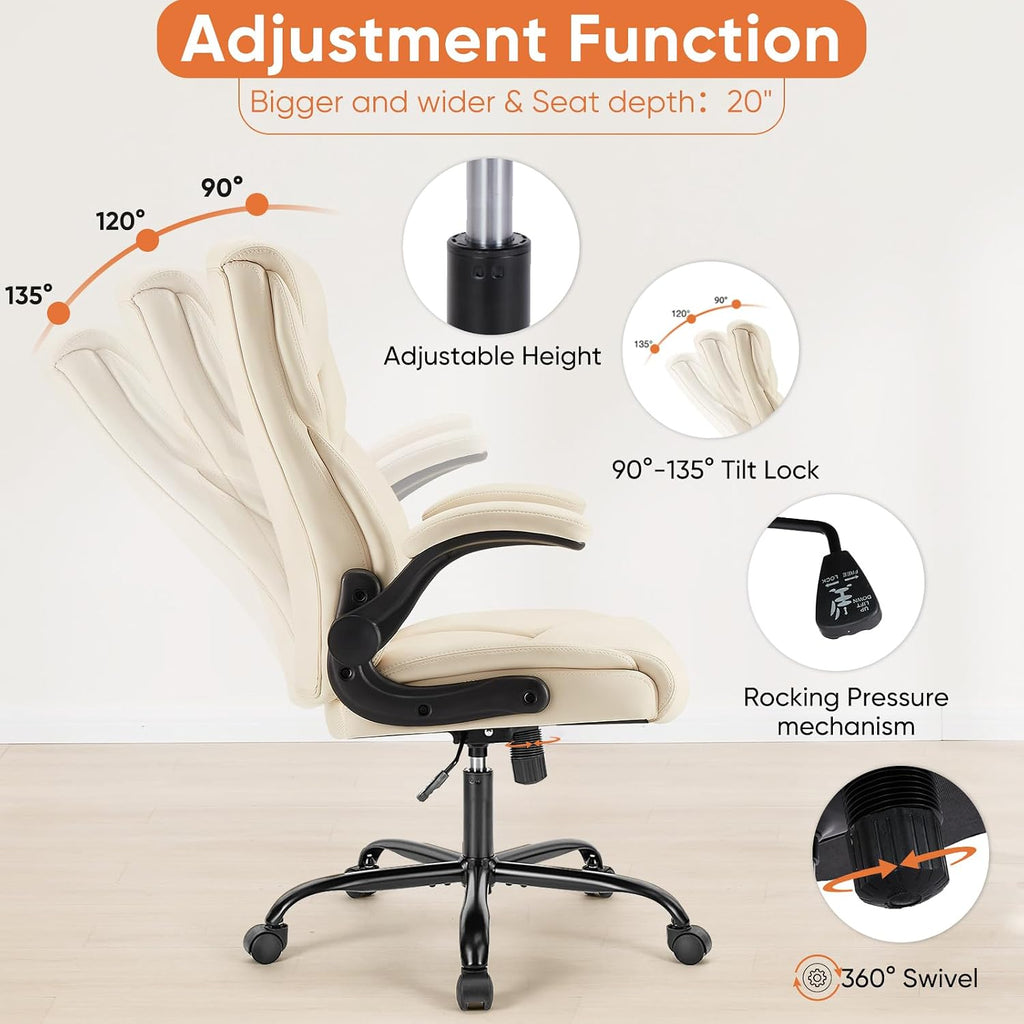 Sweetcrispy Ergonomic Computer Gaming Office Chair Set of 2, Heavy Duty Task Desk Swivel Rolling Chairs with Wheels, Flip-up Arms, Adjustable Height, PU Leather,Cream White