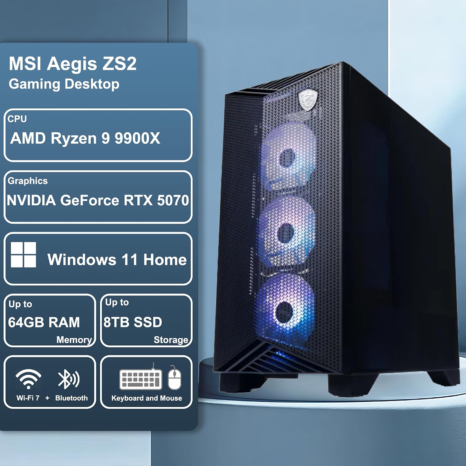 msi Aegis ZS2 Gaming Desktop AMD 12-core Zen 5 Ryzen 9 9900X (Beats i9-14900HX) 32GB RAM 4TB SSD GeForce RTX 5070 DLSS 4 360mm Liquid Cooler 750W 80+ Gold PSU Support HDD Win11 w/ICP Hub