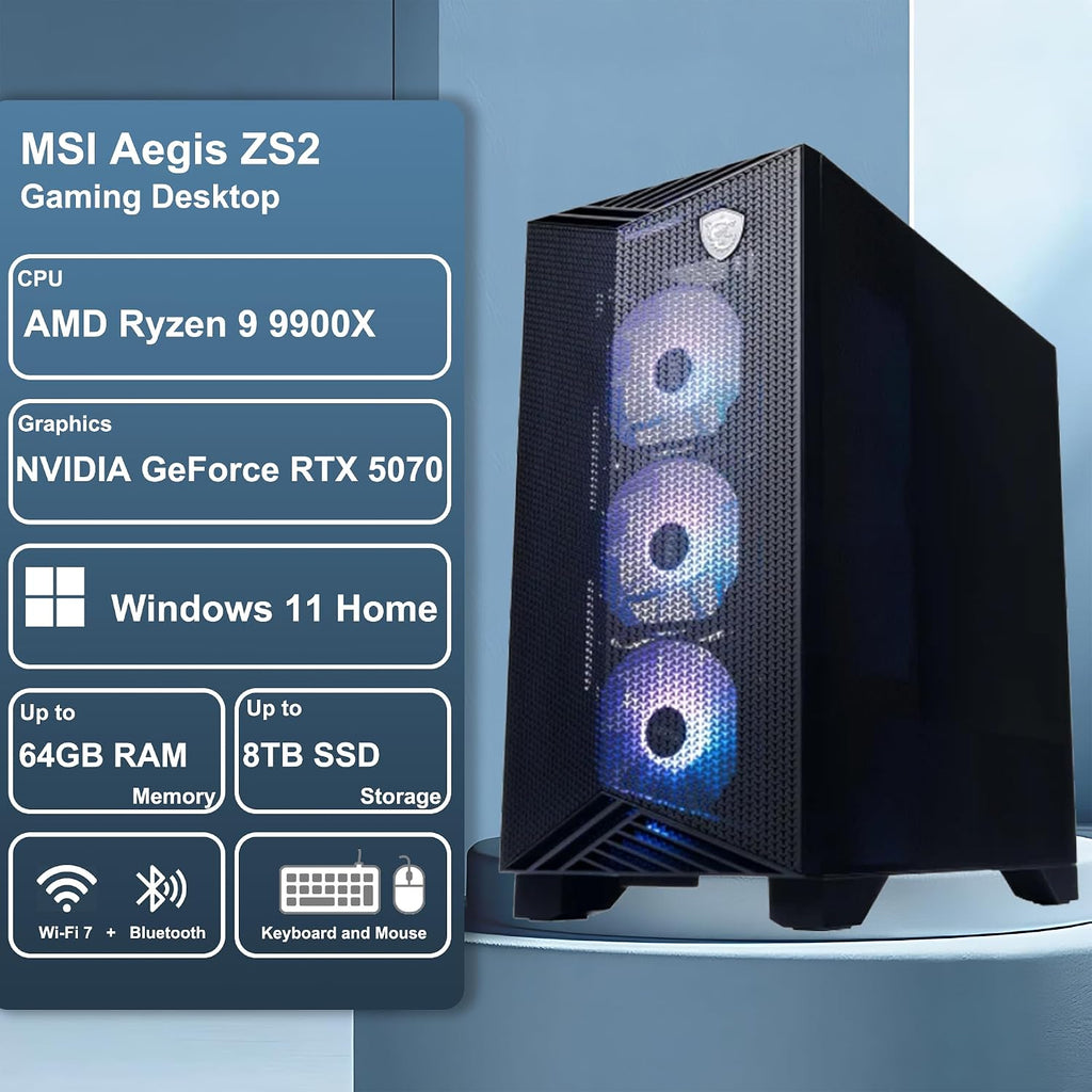 msi Aegis ZS2 Gaming Desktop AMD 12-core Zen 5 Ryzen 9 9900X (Beats i9-14900HX) 32GB RAM 2TB SSD GeForce RTX 5070 DLSS 4 360mm Liquid Cooler 750W 80+ Gold PSU Support HDD Win11 w/ICP Hub