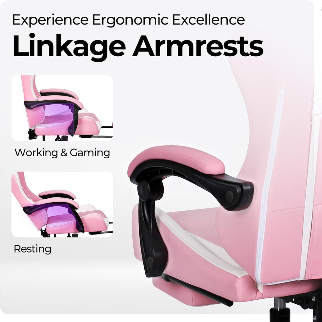 NEO CHAIR Video Gaming Chair with Footrest High Back Ergonomic Comfortable Office Computer Desk with Lumbar Support Height Adjustable with PU Leather Recliner for Adults Women Men (Pink)