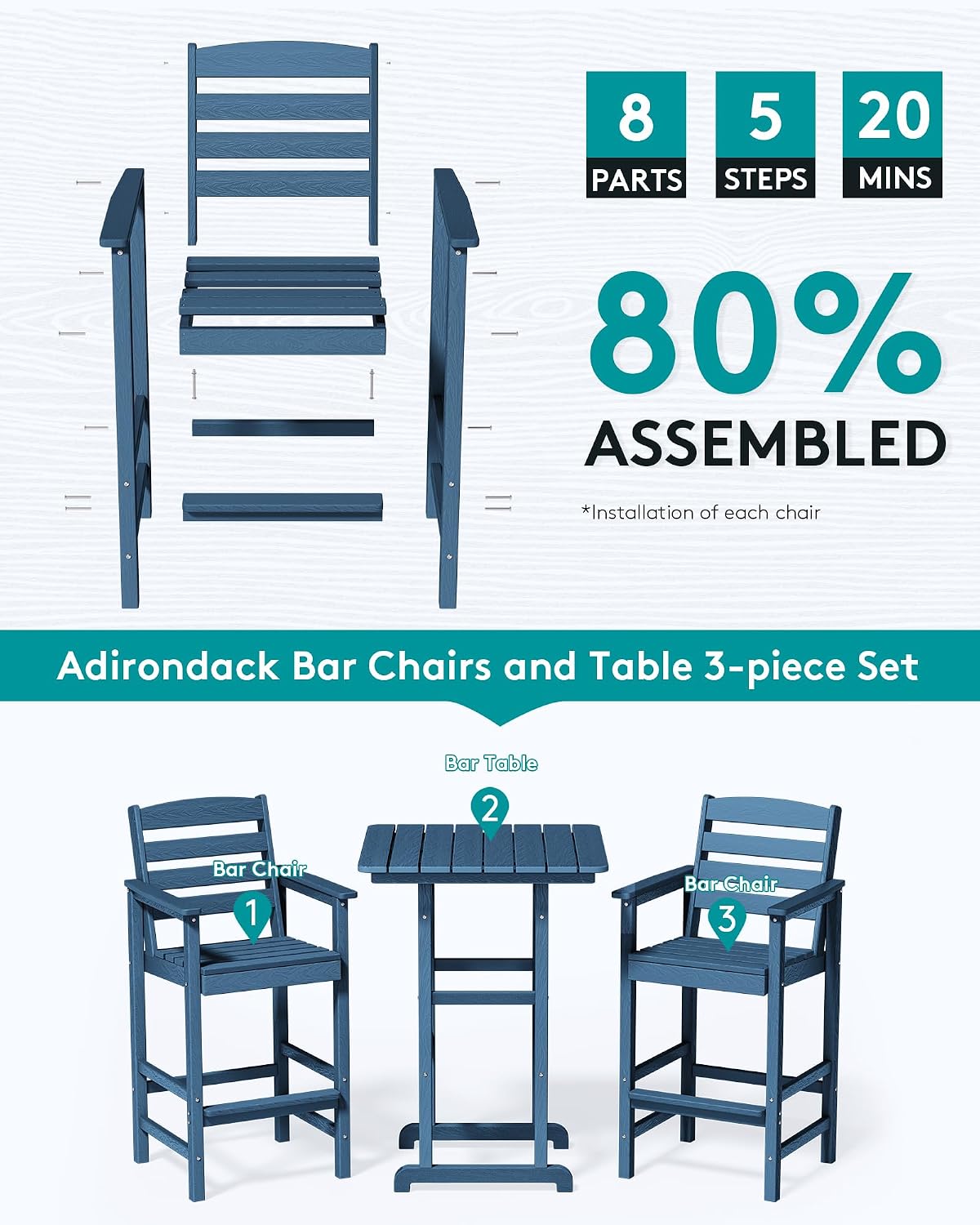 SERWALL 8 Pieces Balcony Adirondack Chairs and Table Set, Adirondack Bar Height Chairs Set of 6 and 2 Bar Table, Outdoor Bar Stools Set, Blue