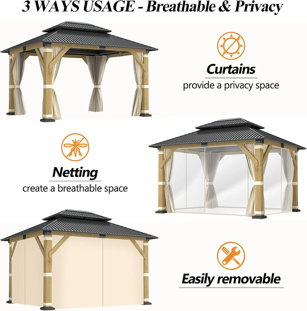 GARTOO 10' x 12' Outdoor Wooden Gazebo - Patio Hardtop Gazebo Permanent Wooden Pavilion with Galvanized Steel Double Roof, Wood Gazebos with Privacy Curtains and Netting for Garden, Lawn, Backyard