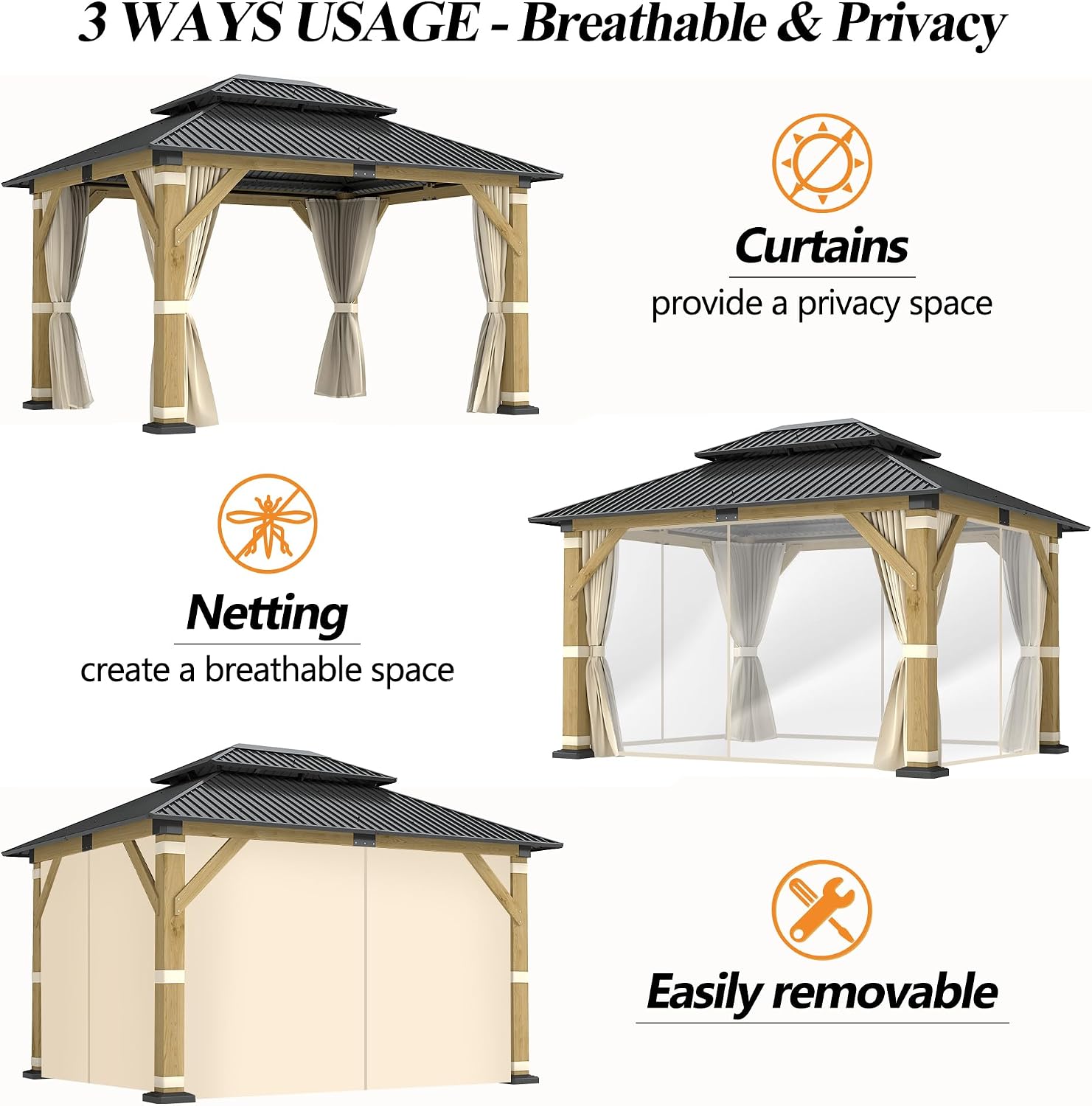 GARTOO 10' x 12' Outdoor Wooden Gazebo - Patio Hardtop Gazebo Permanent Wooden Pavilion with Galvanized Steel Double Roof, Wood Gazebos with Privacy Curtains and Netting for Garden, Lawn, Backyard