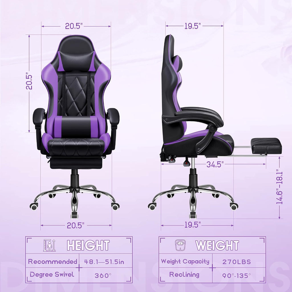 Shahoo Gaming Chair with Footrest and Massage Lumbar Support, Ergonomic Office Computer Seat Height Adjustable with Headrest, Purple