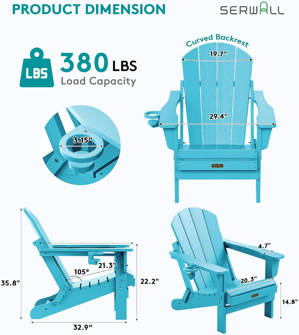 SERWALL Folding Adirondack Chair with Cup Holder Outdoor Adirondack Chairs Weather Resistant Patio Chair Fire Pit Chairs - Light Blue