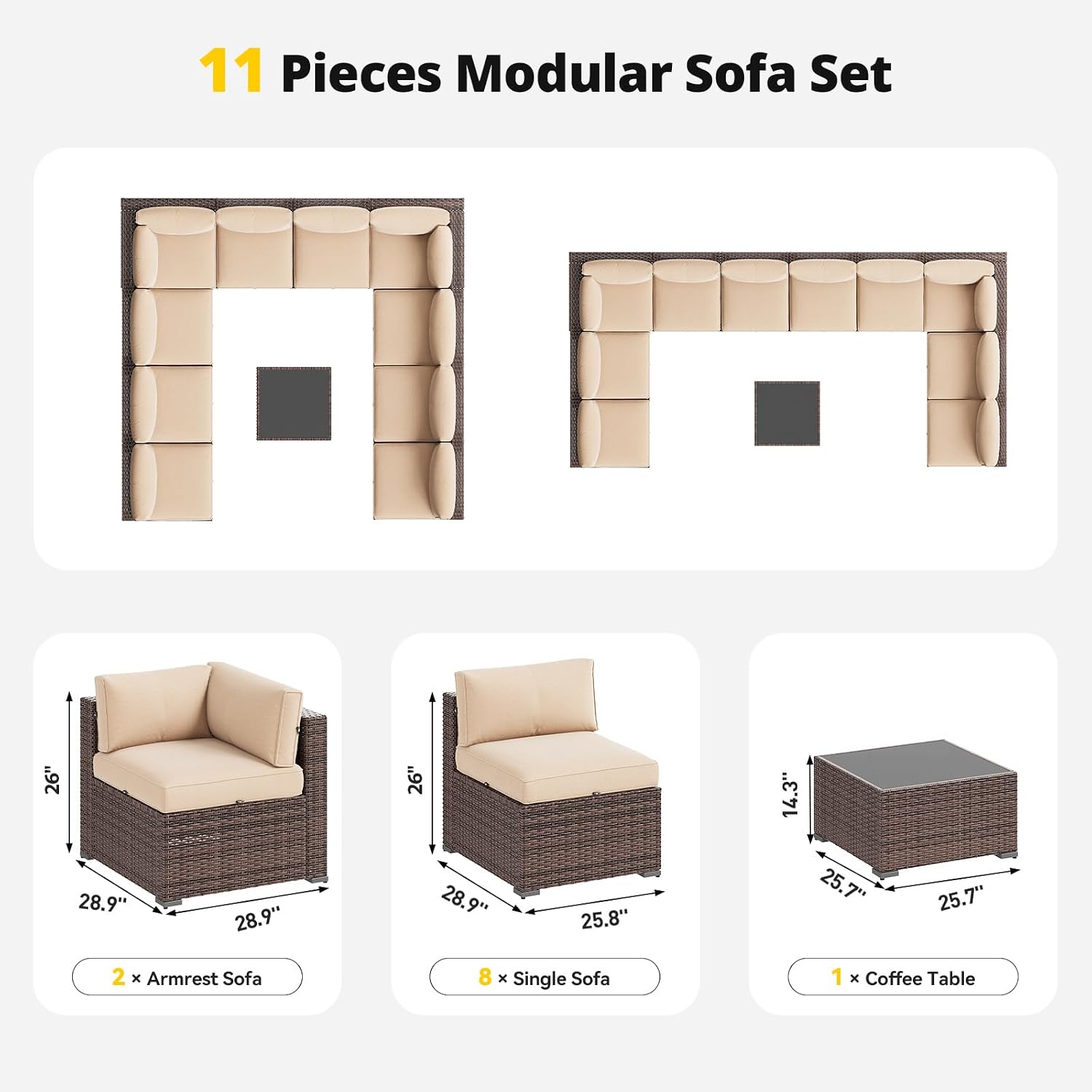 Aoxun Patio Furniture Set, 11 Piece Outdoor Sectional Sofas with Waterprool Cover, 10 Seats Wicker Rattan Outdoor Furniture Patio Conversation Set for Backyard, Garden (Brown Rattan Begin Cushions)
