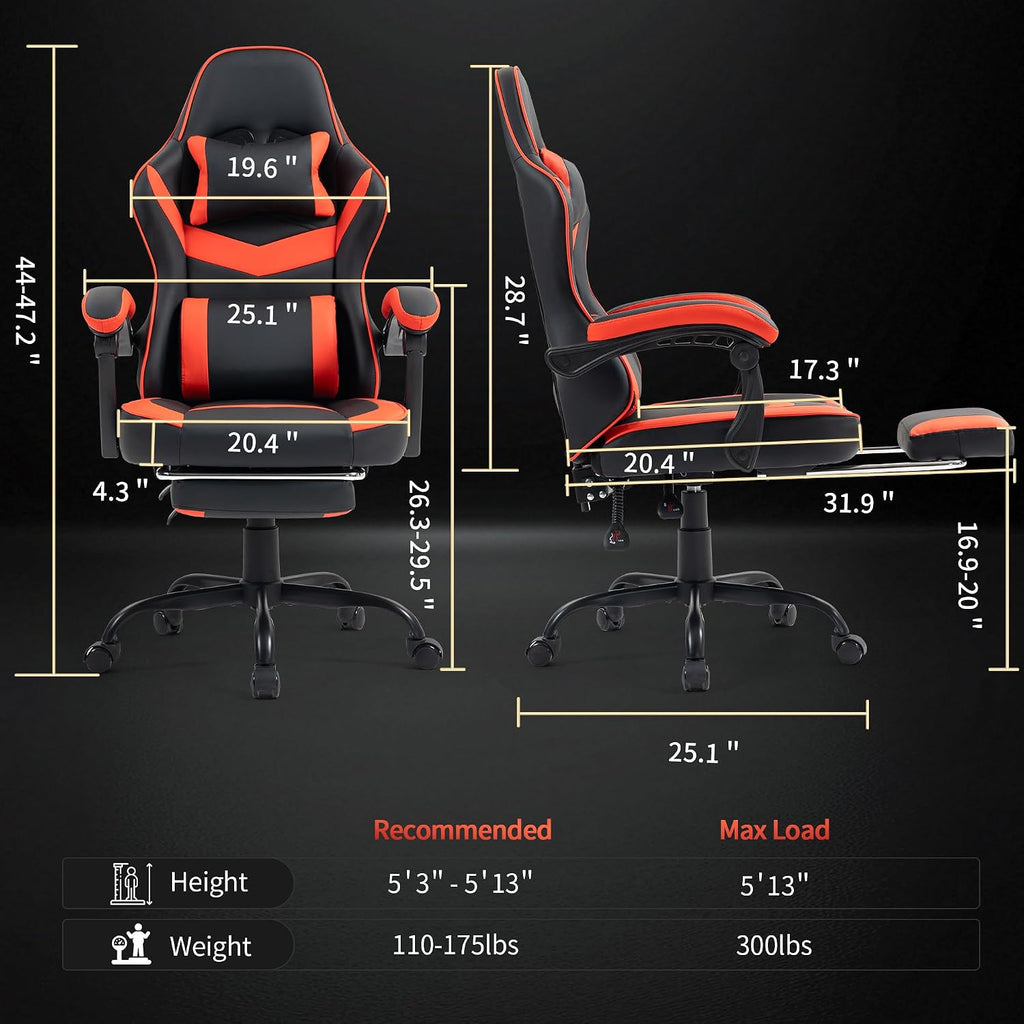 Gaming Chair with Footrest for Adults - Ergonomic Gaming Chairs with Foot Rest - Big and Tall Computer Game Chair - PU Leather Reclining Video Game Chairs with Spring Cushion - Black/Red