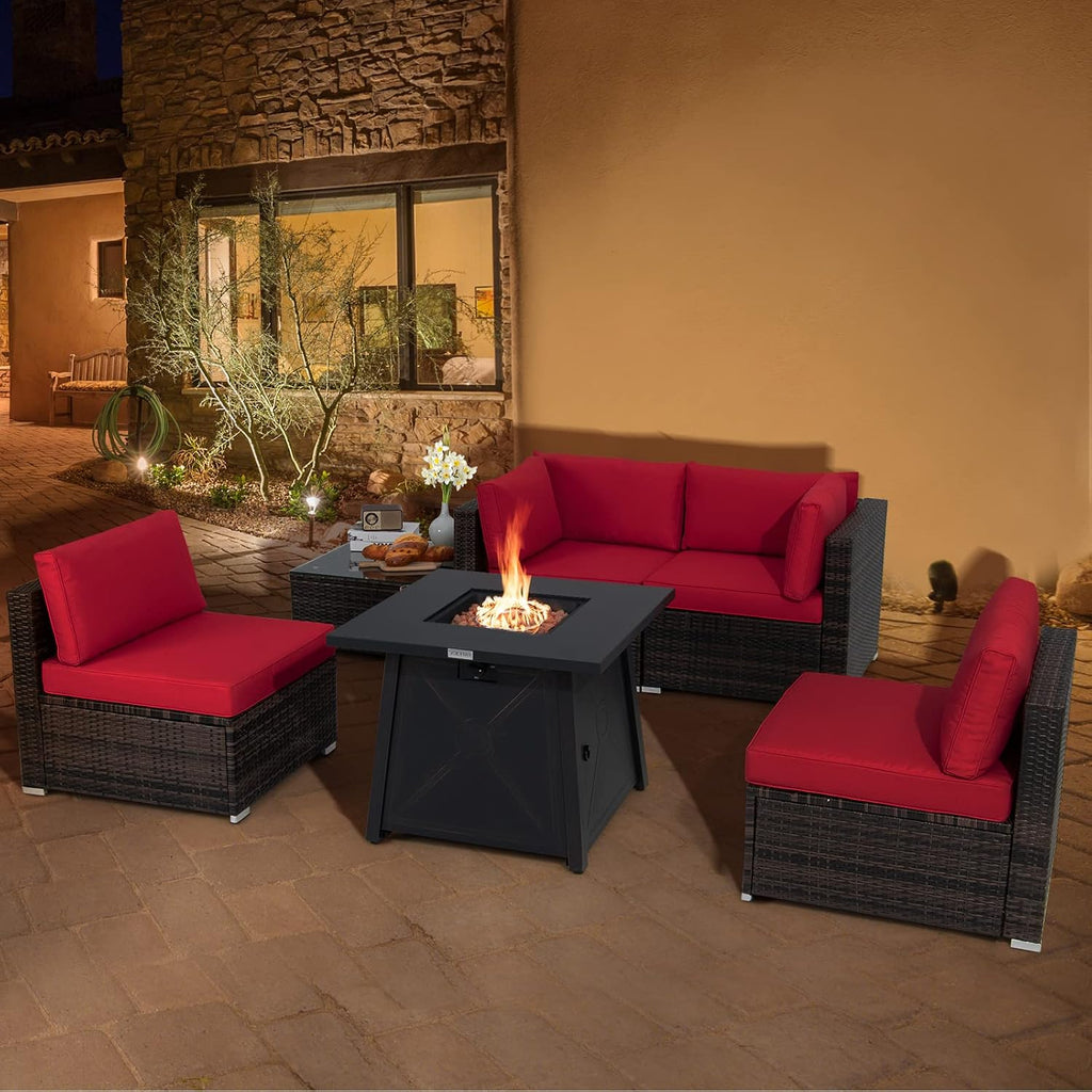 Tangkula 6-Piece Patio Furniture Set with 30' Propane Fire Pit Table, Outdoor PE Wicker Conversation Set with Cushions and Tempered Glass Coffee Table, Gas Fire Pit Table with 50,000 BTU (Red)