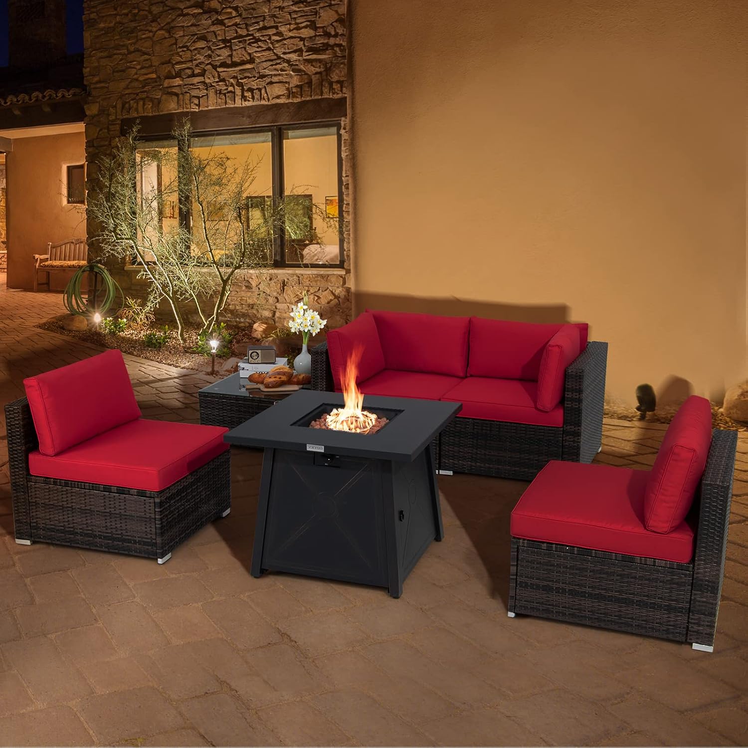 Tangkula 6-Piece Patio Furniture Set with 30' Propane Fire Pit Table, Outdoor PE Wicker Conversation Set with Cushions and Tempered Glass Coffee Table, Gas Fire Pit Table with 50,000 BTU (Red)