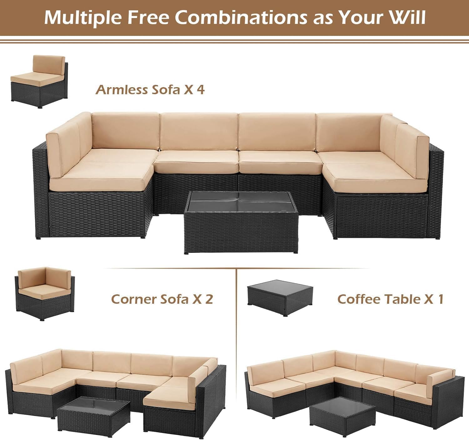 U-MAX 7 Piece Outdoor Patio Furniture Set, PE Rattan Patio Wicker Sectional Furniture Chair Set with Cushions and Tea Table, (Black Rattan&Beige Cushion with Cover)