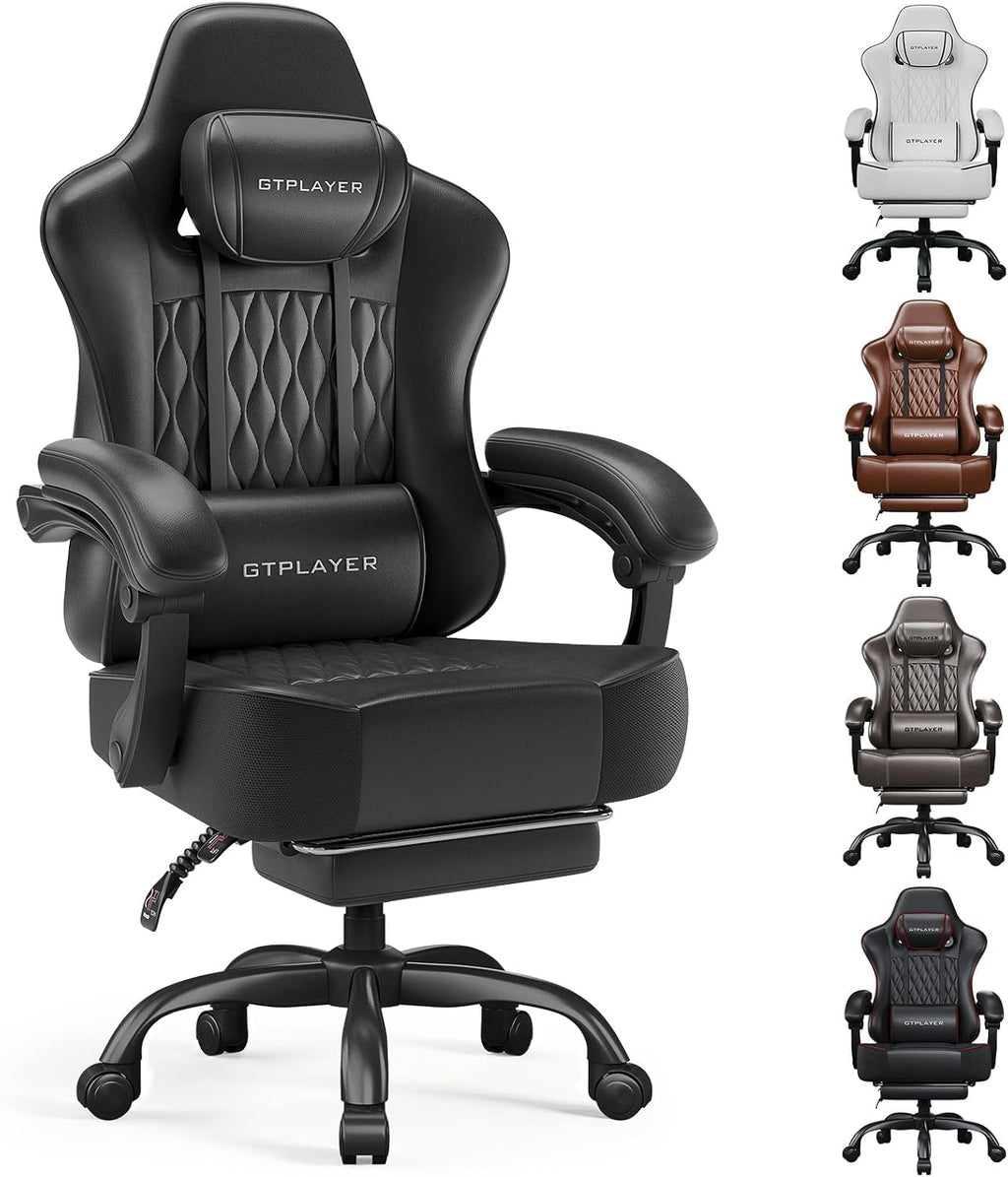 GTPLAYER Big and Tall Gaming Chair with Footrest, Computer Office Chair with Pocket Spring Cushion, Linkage Armrests, Comfortable Leather Computer Chair