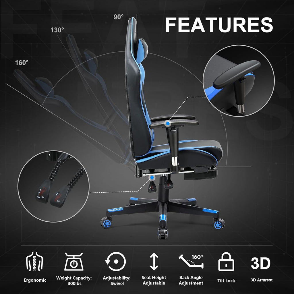 GTPLAYER Gaming Chair with Footrest, Ergonomic Computer Game Desk Chair, Recline Gaming Chair Seat Height Adjustment, Swivel Rocker with Headrest and Lumbar (Blue)