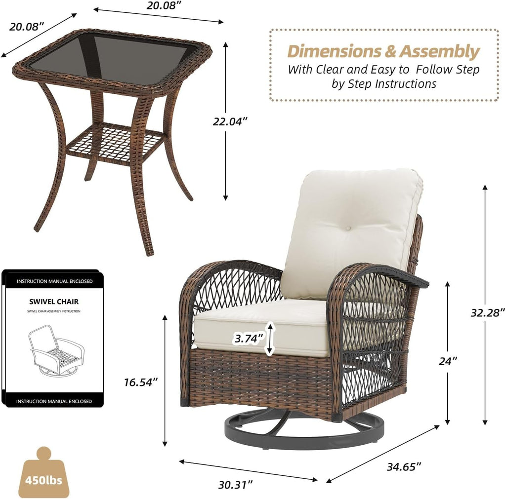 MELLCOM 3 Pieces Patio Furniture Set, Outdoor Swivel Rocker Patio Chairs, Wicker Patio Bistro Set with Rocking Chair, Thickened Cushions and Glass Coffee Table for Backyard, Garden, Beige