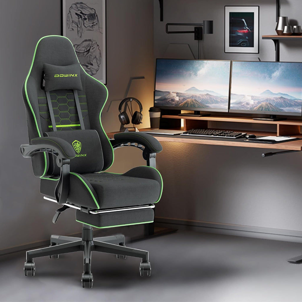 Dowinx Gaming Chair with Pocket Spring Cushion, Computer Office Game Chair, Linkage Armrests and Footrest, High Back Ergonomic Computer Chair with Lumbar Support Task Chair with Footrest(Green)