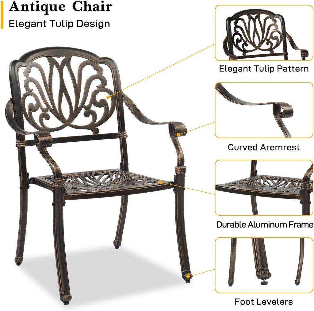 VINGLI 5 Pieces Outdoor Patio Dining Set, Cast Aluminium Patio Furniture Set with 4 Chairs and 1 Umbrella Table for Yard, Garden, Porch and Poolside, Bronze