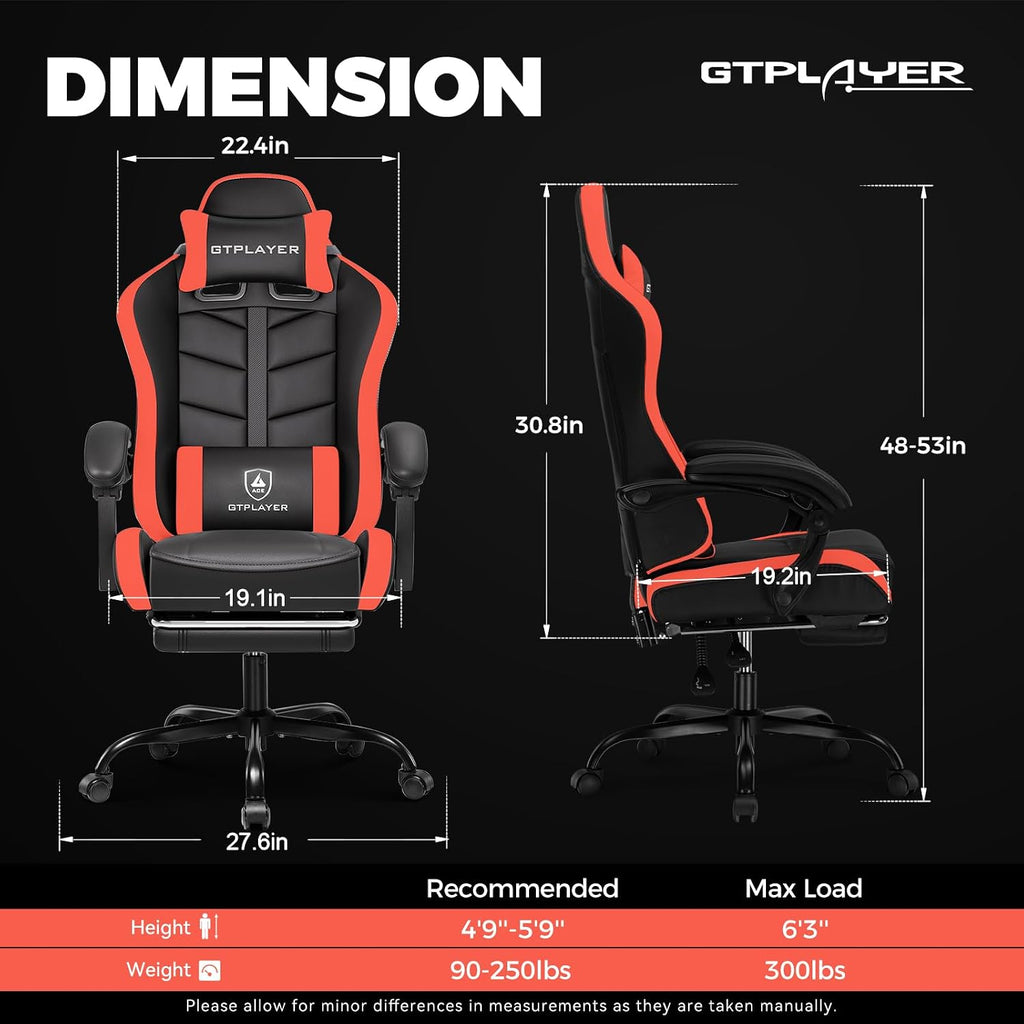 GTPLAYER Gaming Chair, Ergonomic Game Computer Chairs with Foot Rest for Adults, Adjustable PC Game Chair with Reclining Function and Comfortable Headrest for Home and Office Use (RED)