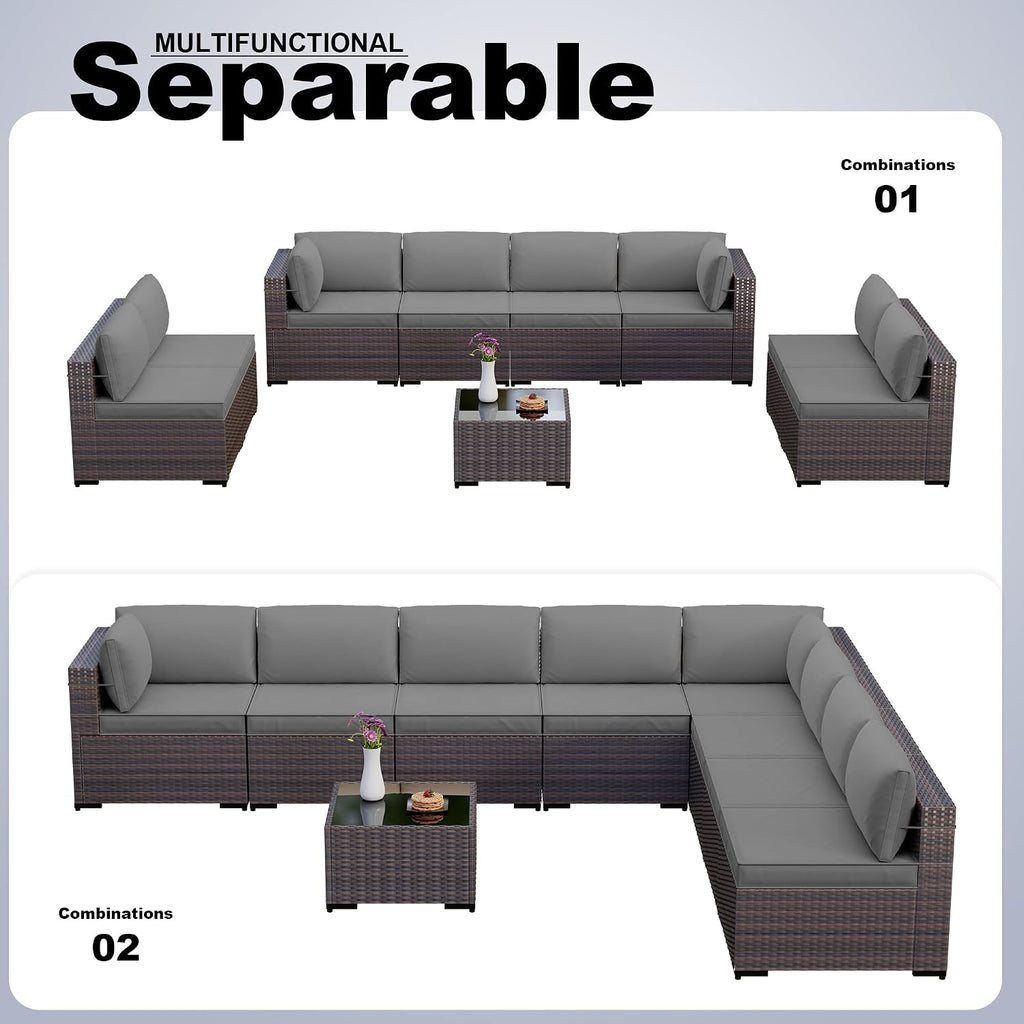 Kullavik 9PCS Outdoor Patio Furniture Set PE Wicker Rattan Sectional Sofa Patio Conversation Sets,Grey