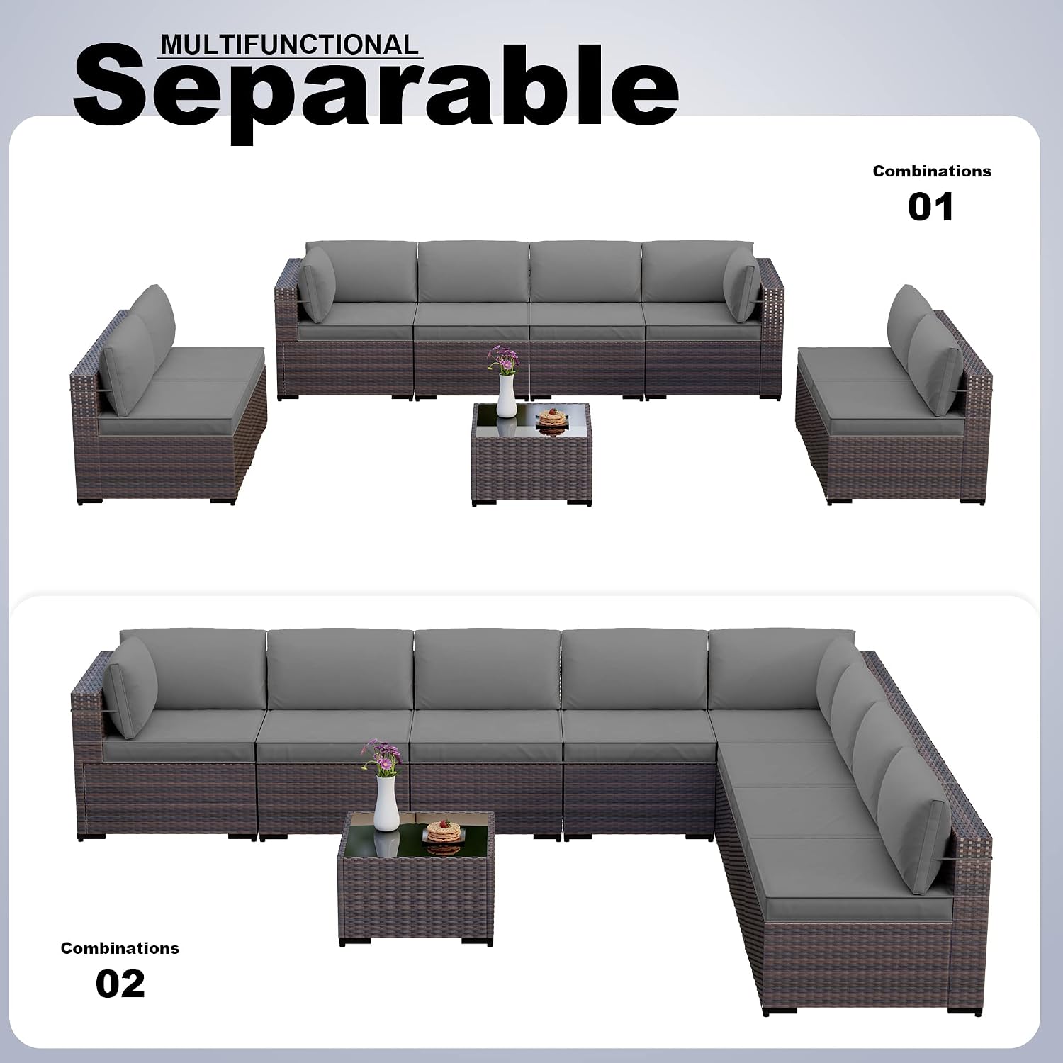 Kullavik 9PCS Outdoor Patio Furniture Set PE Wicker Rattan Sectional Sofa Patio Conversation Sets,Grey
