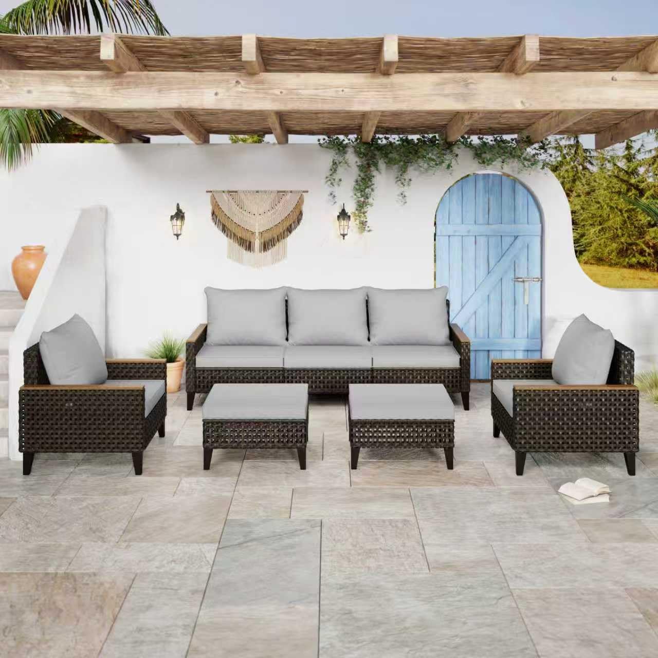 7 Piece Patio Furniture Set, All-Weather Wicker Rattan Outdoor Sectional Sofa Set with High Backrest and Thick Cushions for Garden, Porch, Poolside, Grey