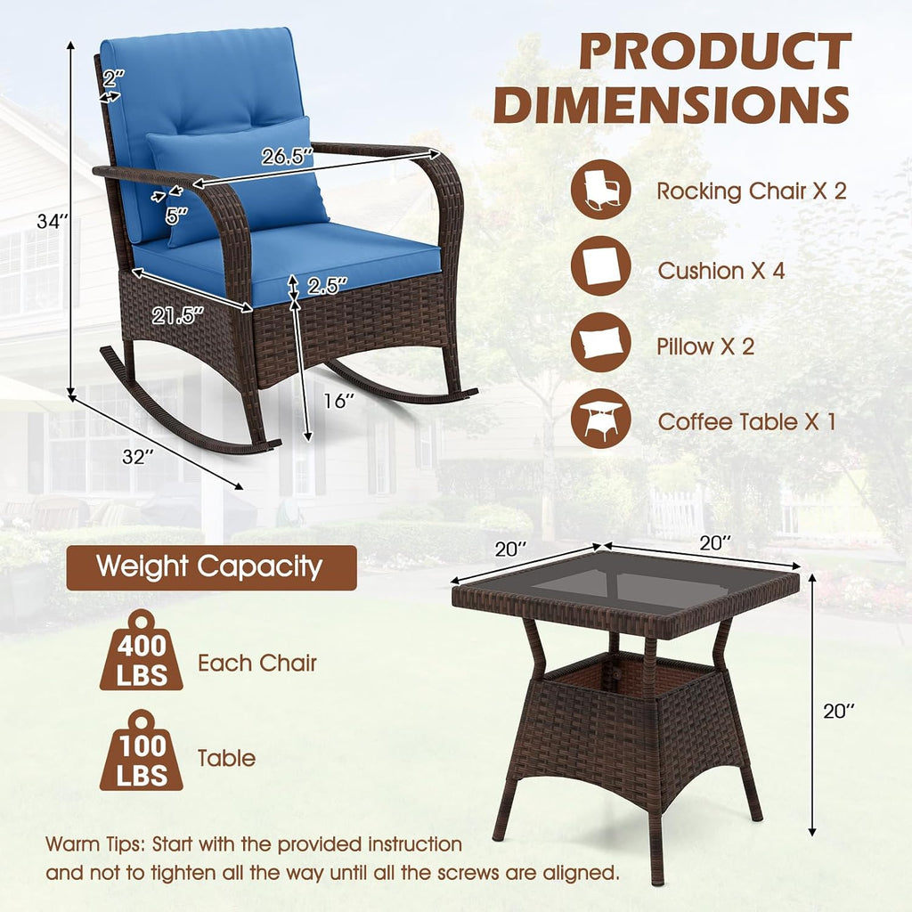 ORALNER 3 Pieces Patio Furniture Set, Outdoor Wicker Rocking Chairs with Cushions, Pillows, Glass Coffee Table, Rattan Bistro Rocker Set for Balcony Front Porch Poolside Garden Deck Yard (Navy)