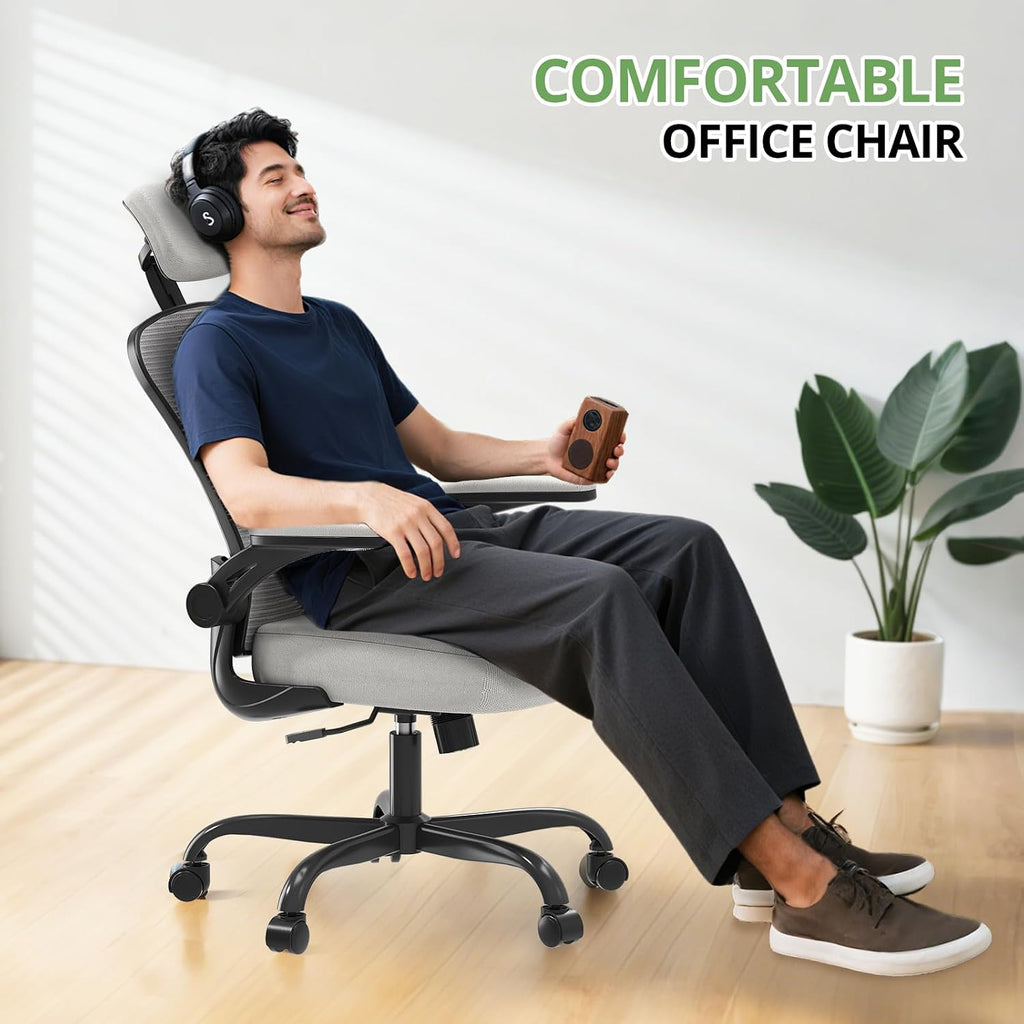Synorla Office Chair Ergonomic Desk Chair, 330LBS Capacity, High Back Computer Design for Long Hours Comfort, Rolling Swivel Executive Task for Home Office with Flip-up Armrests, Black Grey