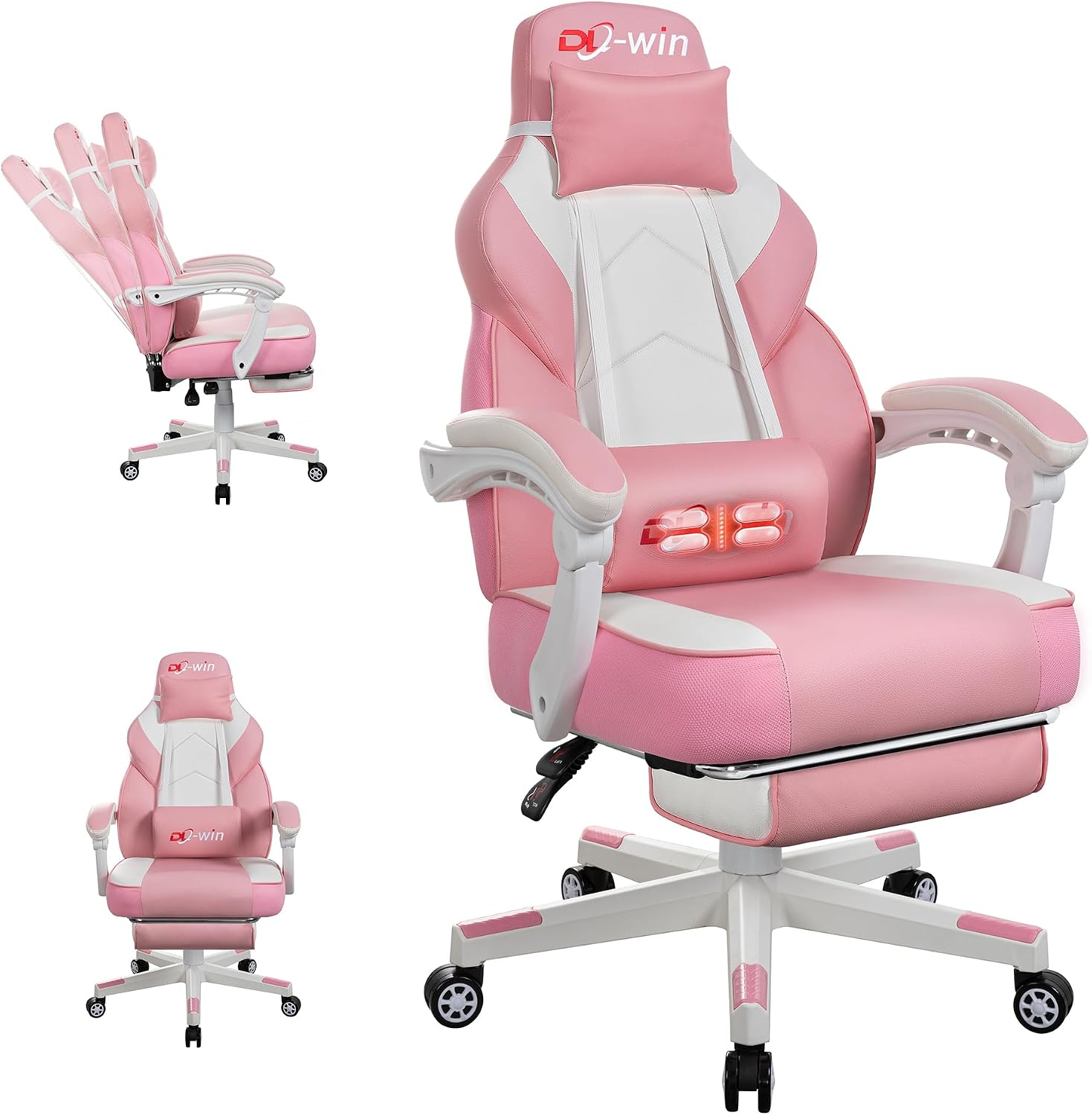 Gaming Chair with Footrest & Lumbar Support, Ergonomic Racing Style Computer Chair, 360° Swivel Height Adjustable Video Game Chair, Massage Office Chair Gaming Equipment, Pink