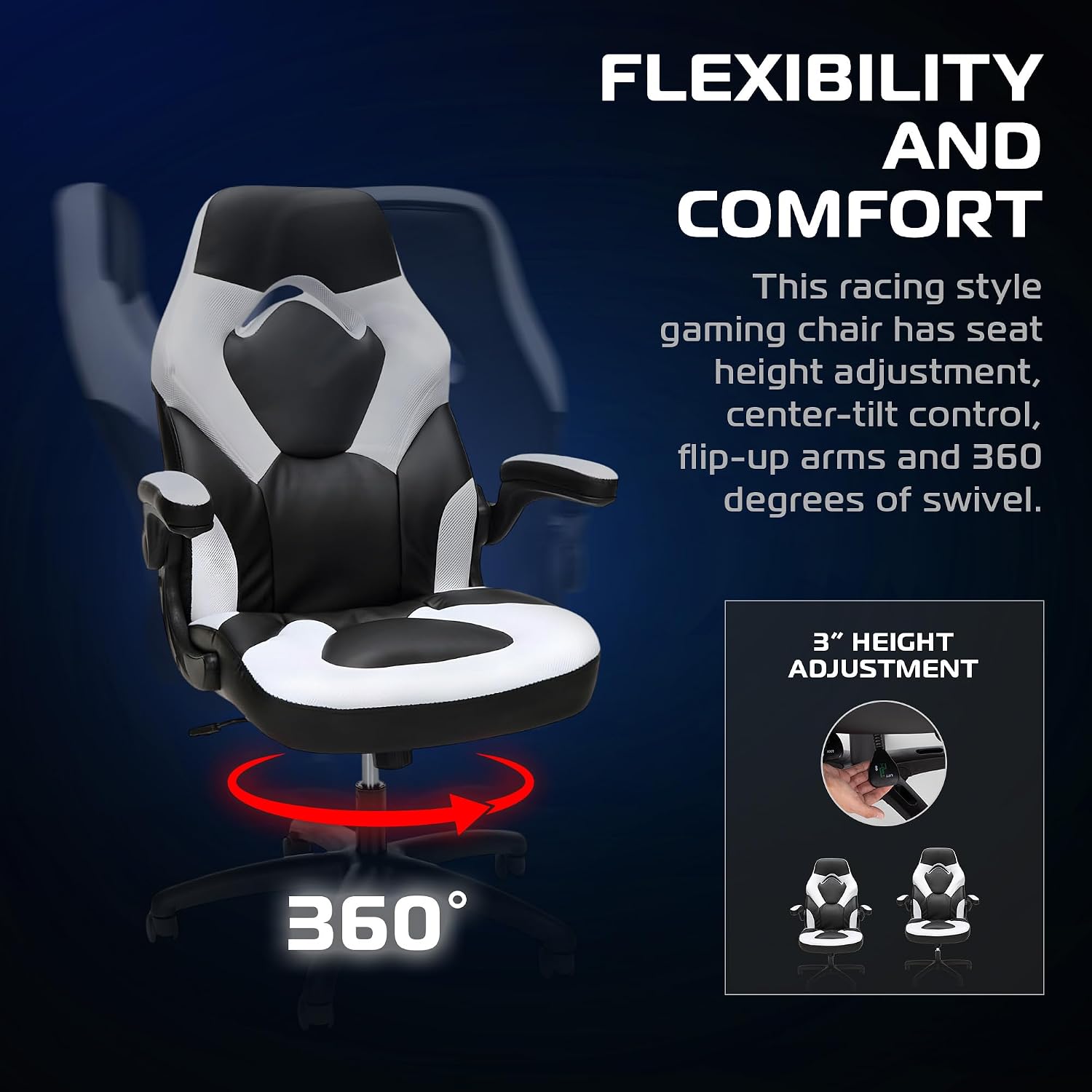 RESPAWN 3085 Ergonomic Gaming Chair for Adults, High Back Office Chair with Headrest and Flip Up Arms, Leather Racing Style Gaming Seat with Lumbar Support, Video Game Computer Desk Seat - White