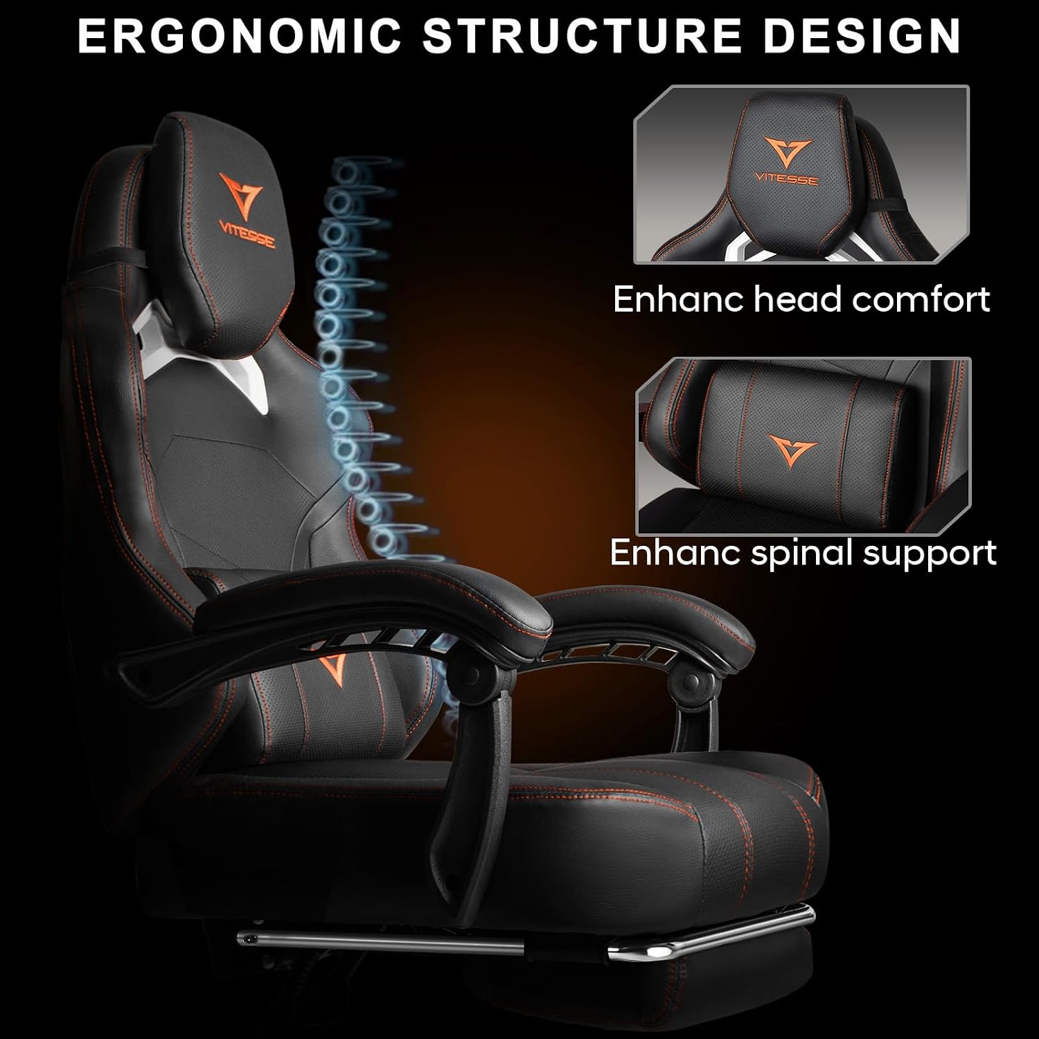 VITESSE Big and Tall Gaming Chair 400lb Weight Capacity with Footrest, Ergonomic Video Game Chair for Adults with Oversized Headrest and Lumbar Pillow, Computer Chair Gaming for Office (Black+Orange)