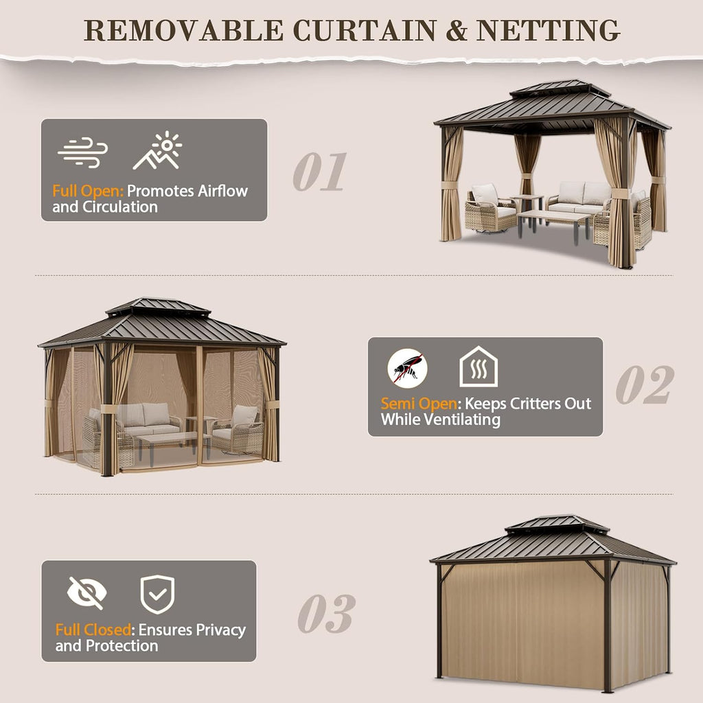 EAGLE PEAK 12x10 Hardtop Gazebo, Galvanized Steel Double Roof with Aluminum Frame, Outdoor Pavilion with Netting and Curtains for Patio, Deck, Lawn and Garden, Dark Brown/Tan