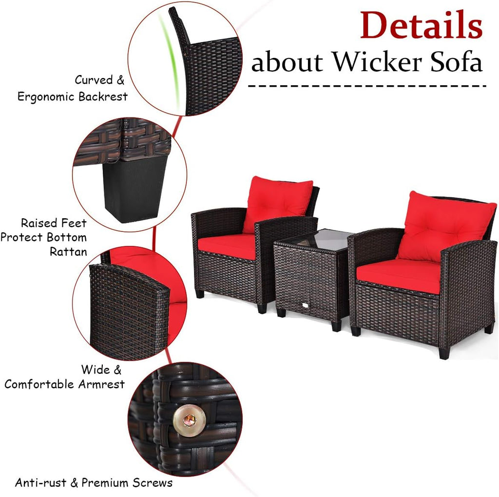 COSTWAY 3PCS Patio Furniture Set, PE Rattan Wicker Sofa w/Washable Cushion and Coffee Table, Tempered Glass Tabletop, Outdoor Conversation Set for Balcony, Porch, Yard, Backyard, Lawn, Red