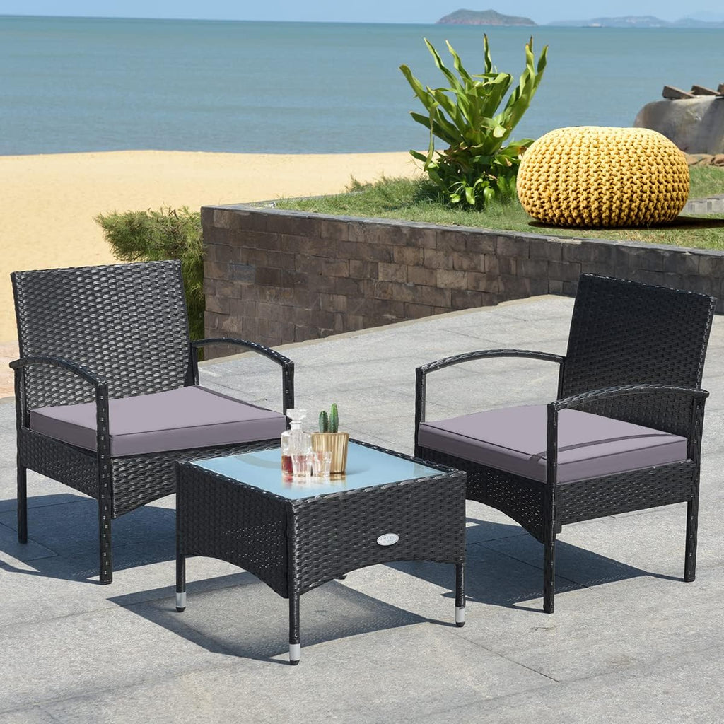 COSTWAY 3 PCS Patio Wicker Conversation Set, PE Rattan Sofa with Tempered Glass Coffee Table, 2 Chairs, 2 Cushions, Outdoor Patio Furniture Set for Yard Porch Bistro Balcony Backyard Pool, Grey