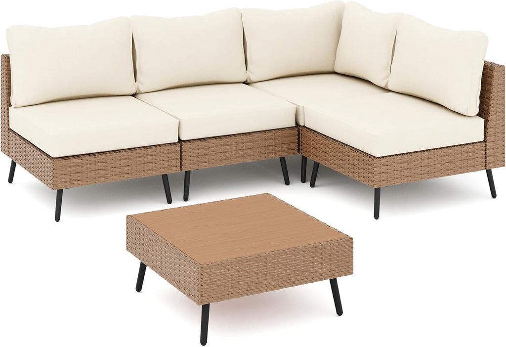 LAUSAINT HOME Outdoor Patio Furniture, 5 Piece Outdoor Sectional Sofa PE Rattan Wicker Patio Conversation Sets, All Weather Patio Furniture Set with Thick Cushions for Garden, Backyard(Beige)