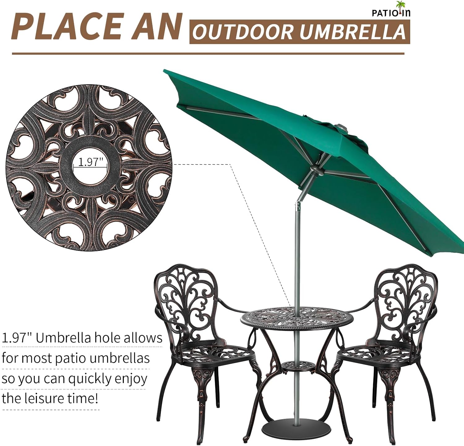 3 Piece Cast Aluminum Bistro Set, Bronze Bistro Table and Chairs Set of 2, 3 Piece Patio Furniture Set with 1.97' Umbrella Hole for Backyard, Balcony, Deck