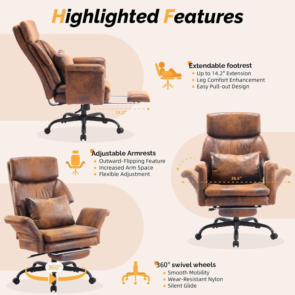 VINGLI 100-130° Reclining Tall Office Chair with Foot Rest & Adjustable Armrests, Ergonomic Criss Cross Chair with Wheels & Headrest, Comfy Wide-Seat Gamer Chair for the Heavy, Microfiber, Vintage