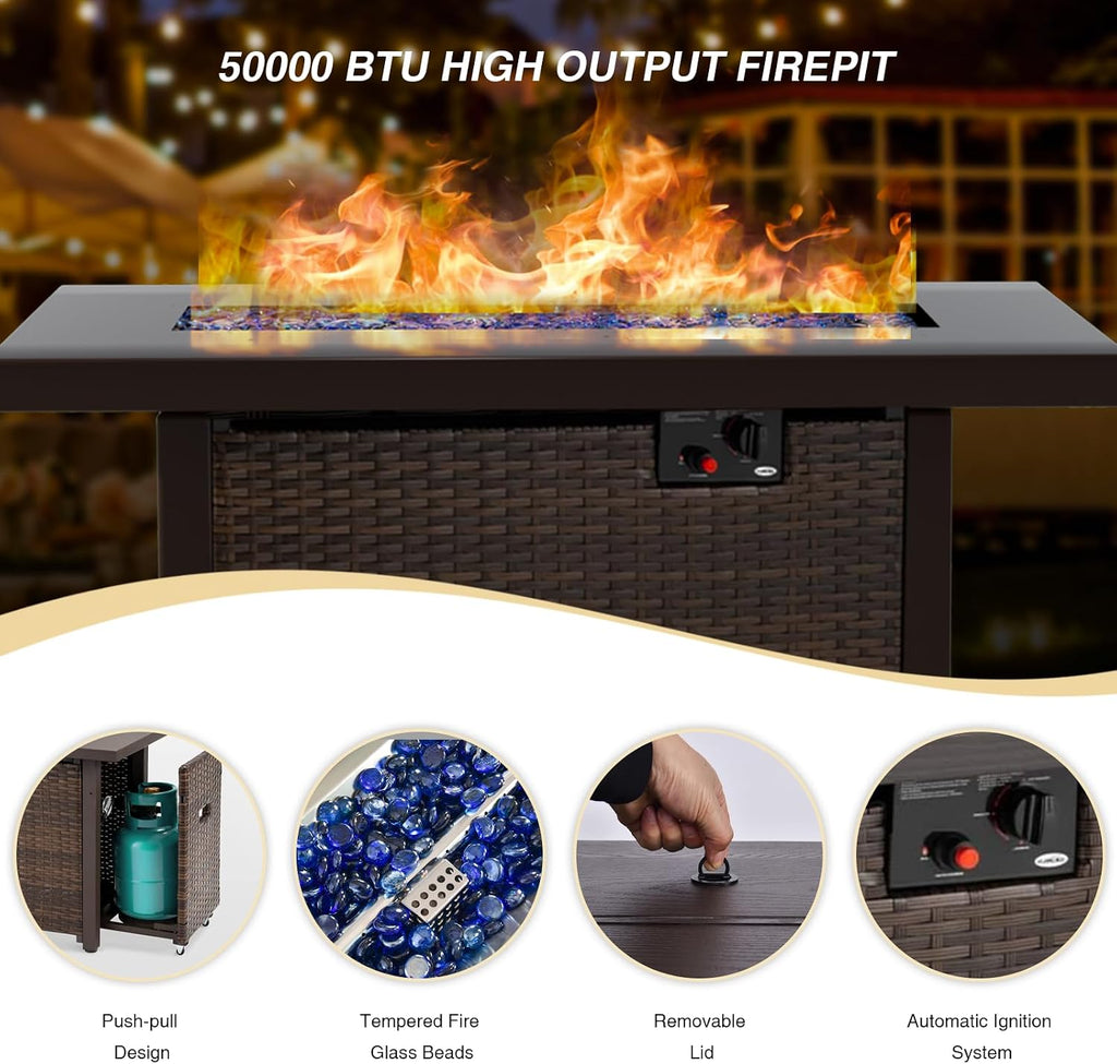 5 Piece Patio Furniture Set with Fire Pit Table, Outdoor Sectional Sofa PE Rattan, Patio Conversation Sets with Cushions for Garden Lawn Balcony Porch Deck Grey