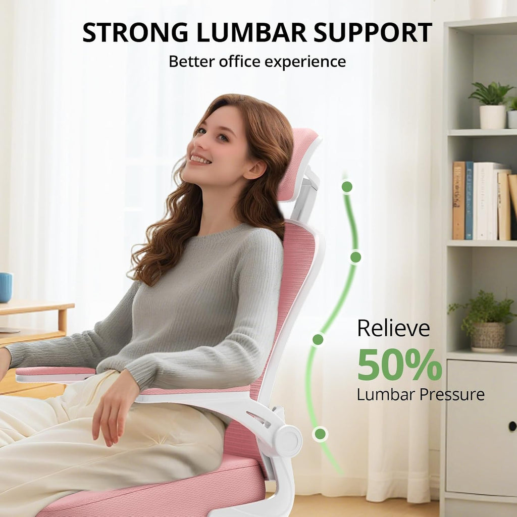 Office Chair Ergonomic Desk Chair, 330LBS Capacity, High Back Computer Design for Long Hours Comfort, Rolling Swivel Executive Task for Home Office with Flip-up Armrests, White Pink
