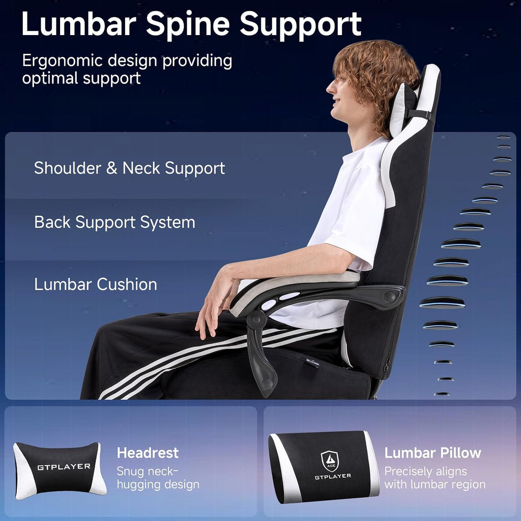 GTPLAYER Gaming Chair, Video Game Chairs with Footrest and Lumbar Support, Computer Chair for Adults with Extended Backrest, Ergonomic Reclining Silla Gamer, Fabric, Black