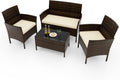 RELAX4LIFE 4-Piece Patio Furniture Set - Rattan Outdoor Conversation Bistro Set w/Cushions, Glass Coffee Table, Wicker Chairs & Loveseat for Garden Backyard Porch, Balcony Furniture Set (1, Beige)