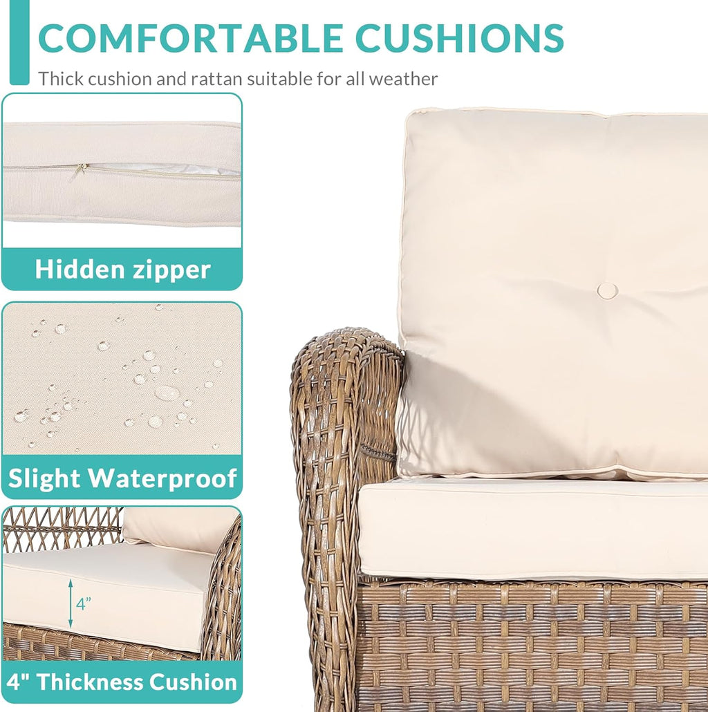 MEETWARM 4 Pieces Outdoor Wicker Patio Conversation Sets with Glider Loveseat, 2 Chairs with Glass-Top Coffee Table Rocking Chair Set, Wicker Conversation Set with Thickened Cushions