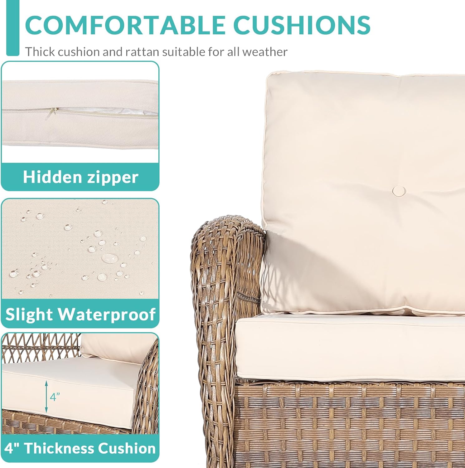 MEETWARM 4 Pieces Outdoor Wicker Patio Conversation Sets with Glider Loveseat, 2 Chairs with Glass-Top Coffee Table Rocking Chair Set, Wicker Conversation Set with Thickened Cushions