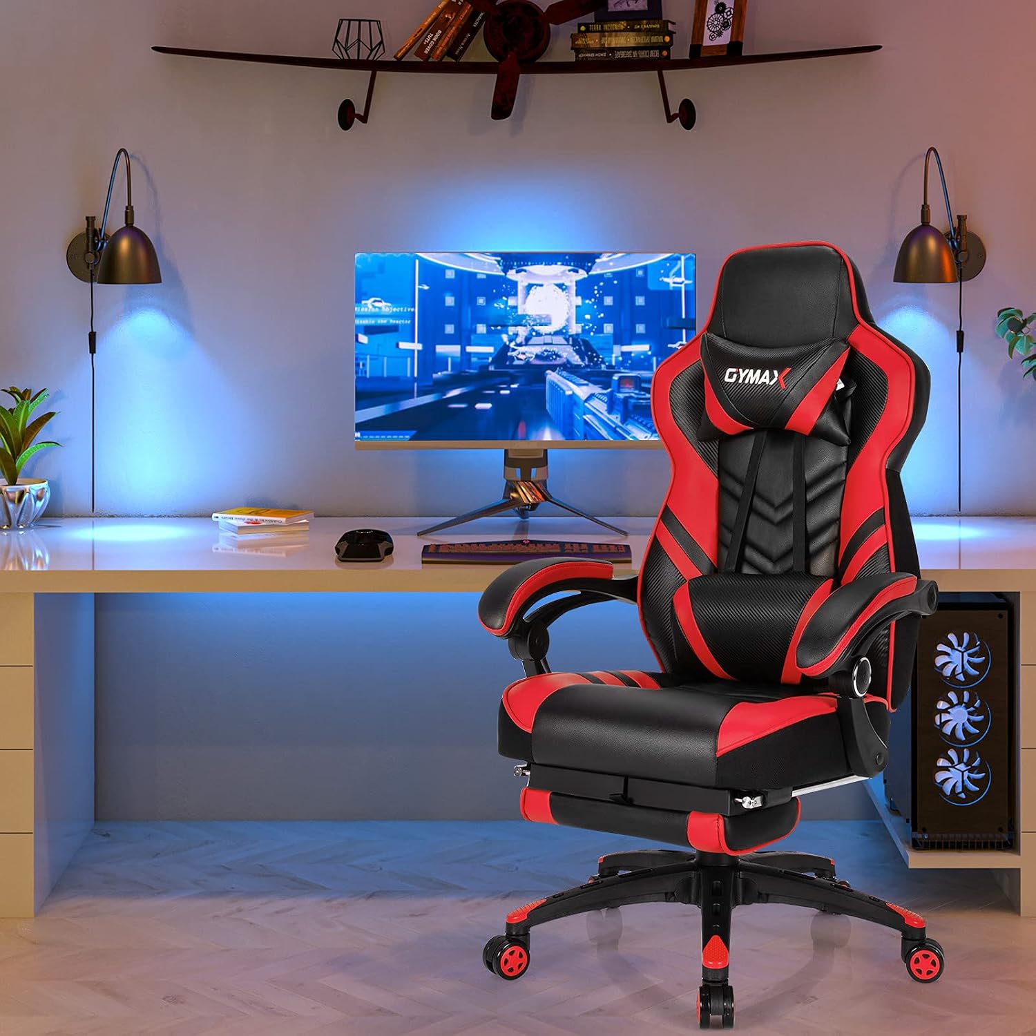 GYMAX Gaming Chair, Ergonomic Computer Chair with Footrest, Linkage Armrests & Lumbar Cushion, Big Wide High Back Video Gaming Chair, Reclining Office Rolling Chair for Adult/Teens (Red)