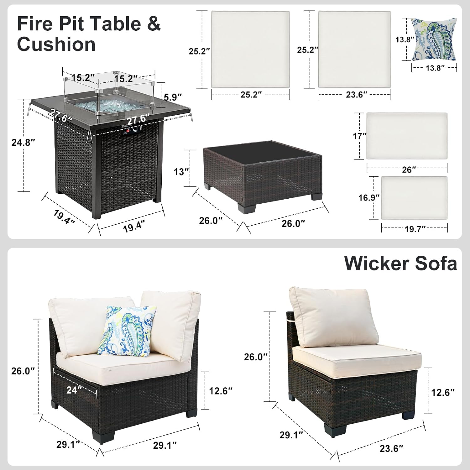8 Piece Wicker Outdoor Patio Furniture Set with Fire Pit Table, Patio Sectional Sofa Perfect for Deck, Garden, Yard, Includes Splashproof Anti-Slip Cushions and 2 Pillows (Brown/Beige)