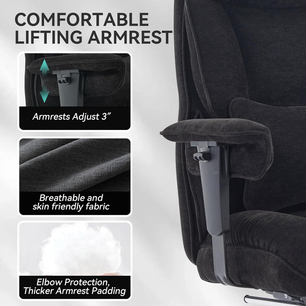 Efomao Executive Office Chair, Soft-Cushioned Computer Chair with Foot Rest, Fabric Home Office Desk Chairs, Big and Tall Office Chairs, Black