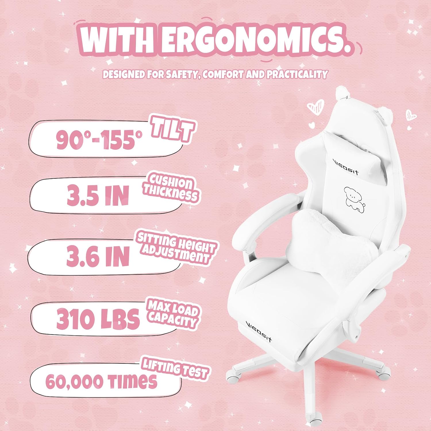 Vigosit Cute Cat Gaming Chair with Paw Lumbar Cushion, PC Video Gamer Chair for Girl Teen Woman (White)