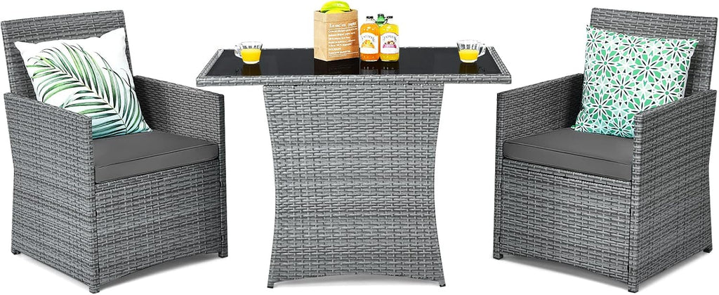 Tangkula 3 Pieces Patio Dining Set, Patiojoy Space-saving PE Rattan Bistro Set with Tempered Glass Top Table and Cushioned Chairs, Outdoor Conversation Set for Garden, Backyard, Poolside, Porch (Gray)